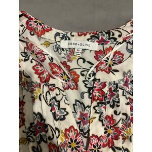 Rose & Olive 2X White Floral Henley Blouse 3/4 Sleeve Cottage Red Blue Boho